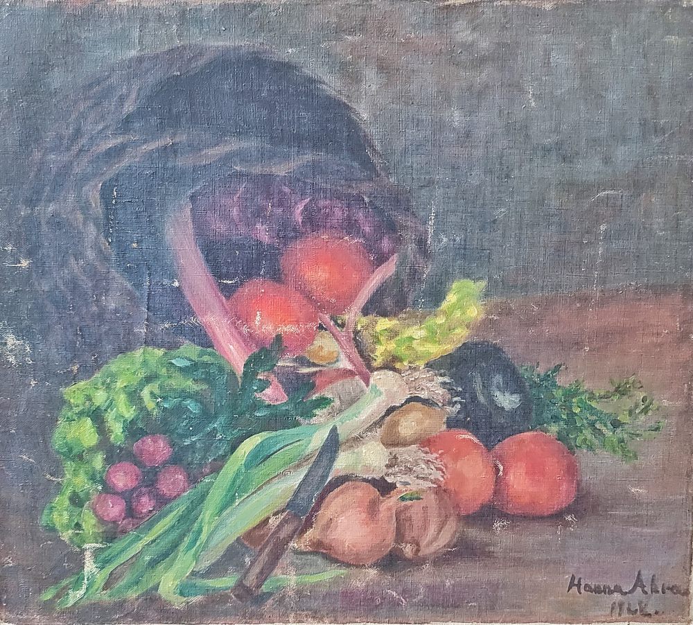 Gemüsestillleben. Ausstellung Niederdeutscher Malertag 02. November 1938 in Worpswede. Öl auf Leinwand. Hanna Ahrens