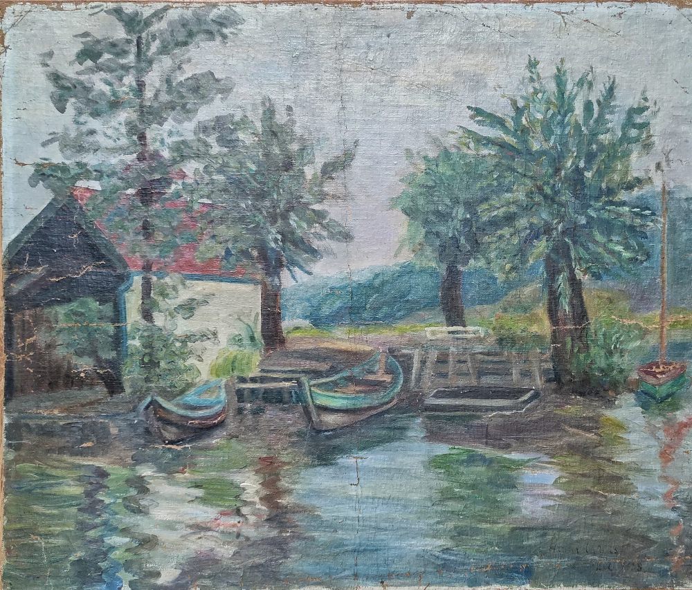 Bootshaus mit Kähnen. Öl auf Malpappe. 1928. Hanna Ahrens