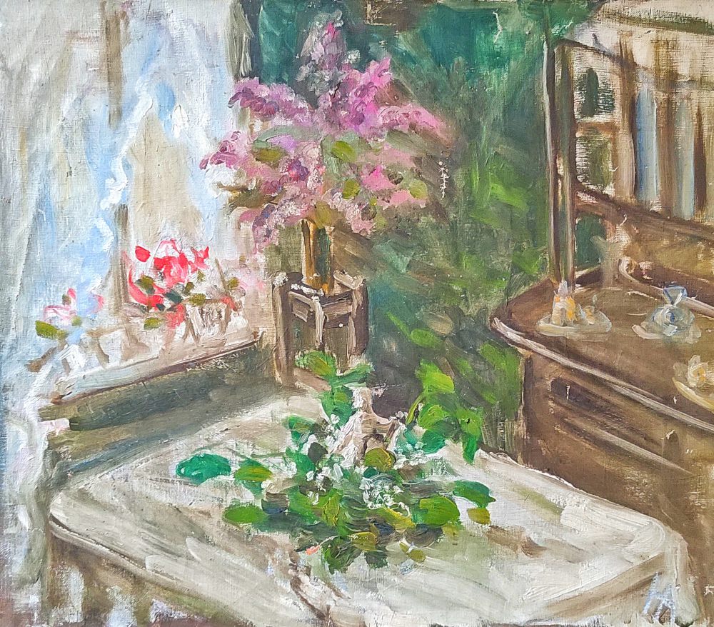 Hanna Ahrens Worpswede Stillleben Wohnzimmer. Öl auf Leinwand. 30er Jahre.