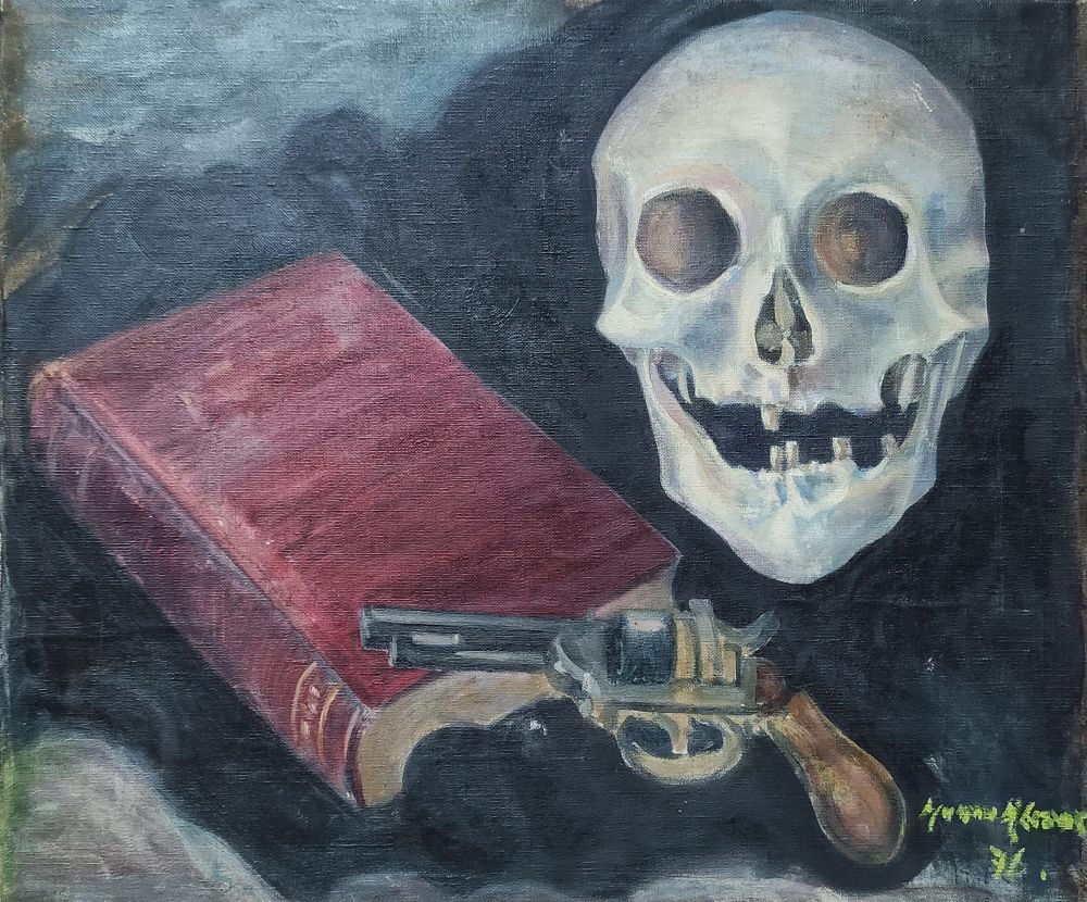 Vanitas. Stillleben Totenkopf mit Buch und Revolver. Öl auf Leinwand. 1936 Hanna Ahrens