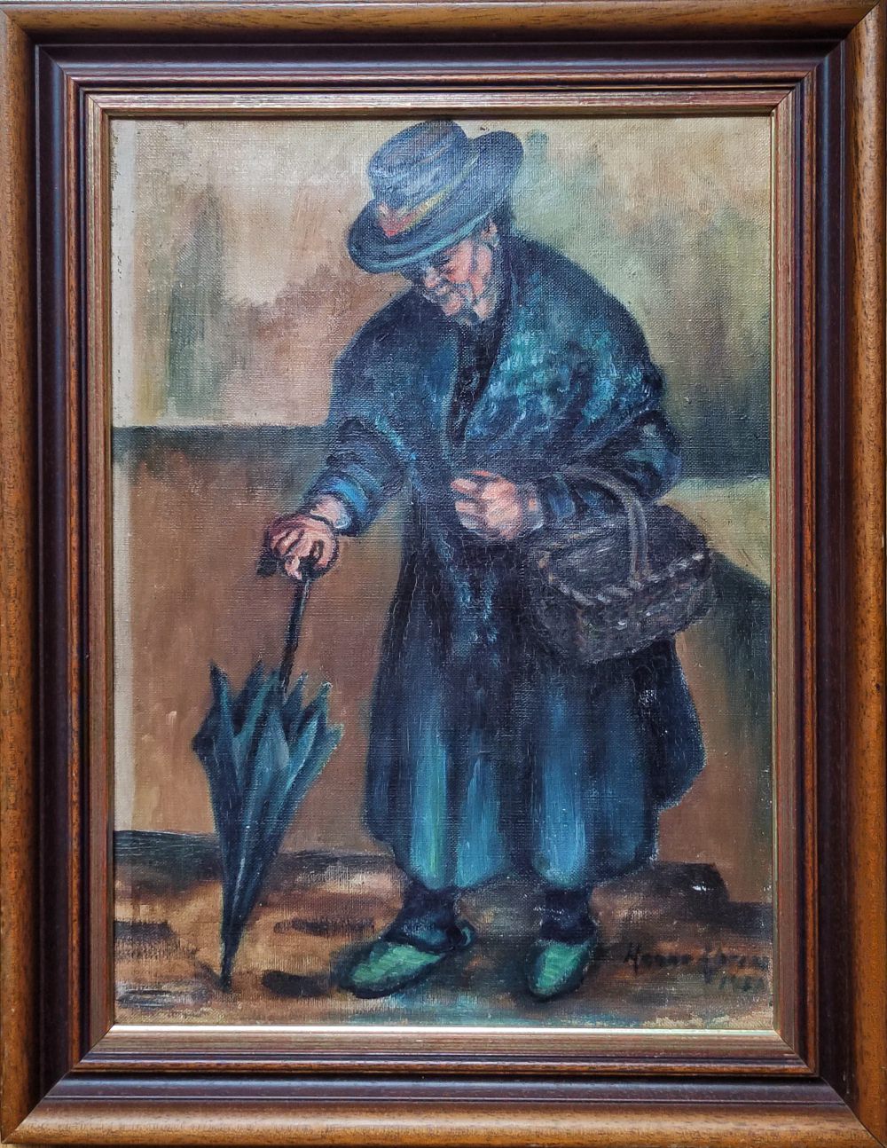 Alte Dame mit Korb und Schirm. Öl auf Leinwand. Worpswede 1931. Hanna Ahrens