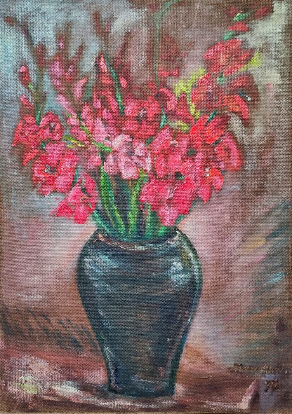 Stillleben. Rote Gladiolen. Öl auf Malkarton. 1977 Hanna Ahrens